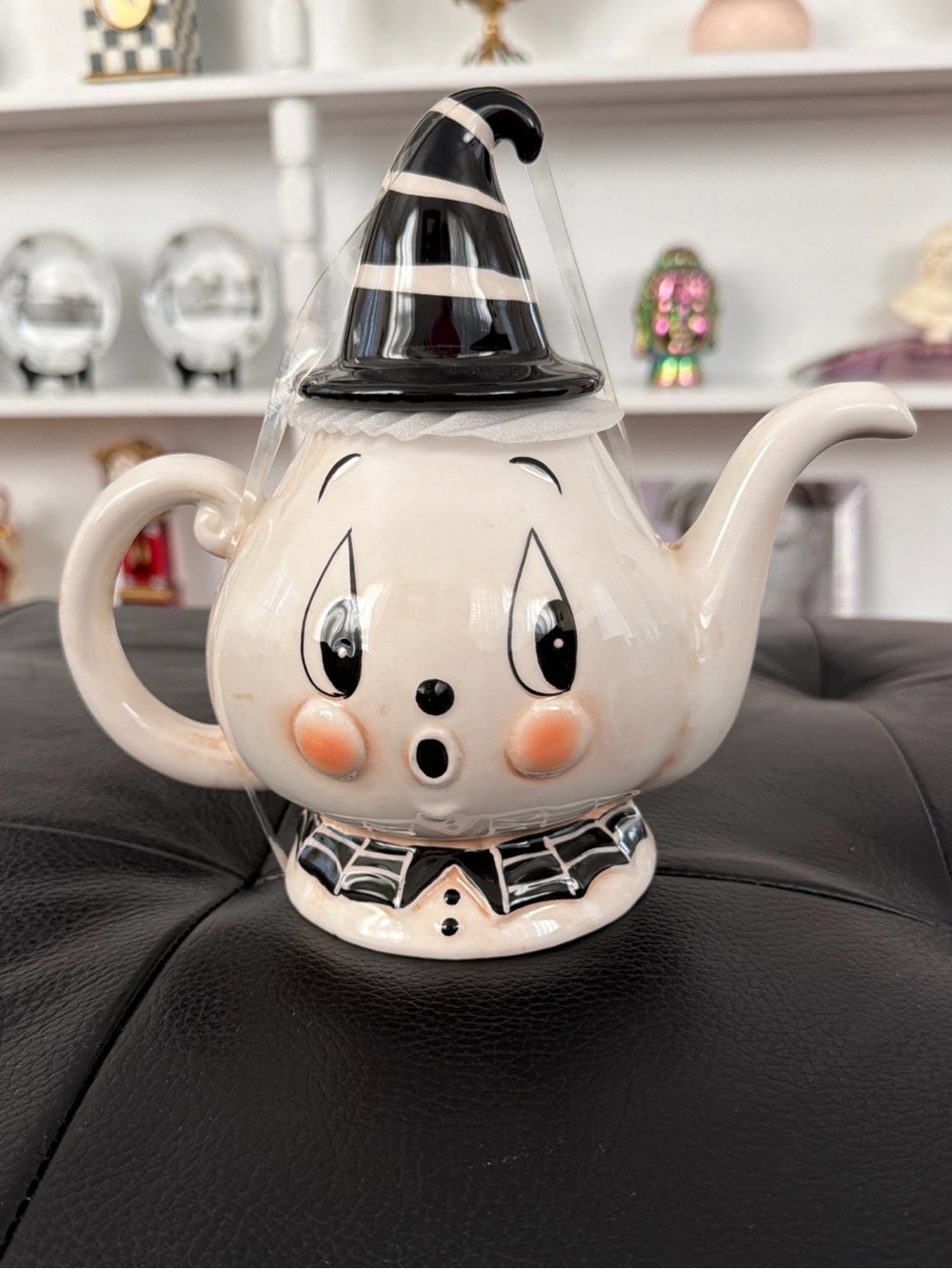 Johanna Parker 2026 Gus the Ghost Retro Teapot - Black & White Halloween Ceramic